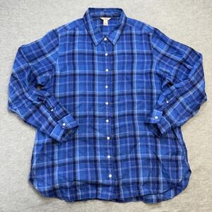 LL Shirt Womens Large Petite Blue Plaid Linen Button Up Lightweight Top Blouse
